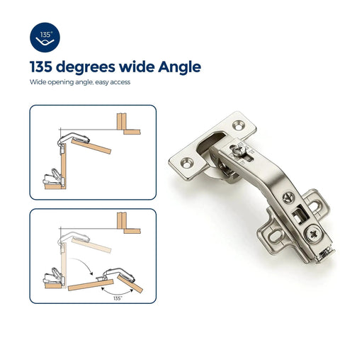 135 Degree Concealed Kitchen Cabinet Hinges For Bi Fold Doors, 2 Pack, shown in satin nickel with 135-degree wide angle design diagrams