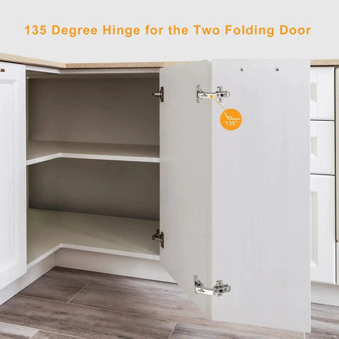 Open corner cabinet with Two Pack 135 Degree Concealed Hinge For Corner Lazy Susan Cabinets Replacement Hardware installed on door