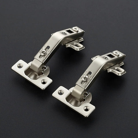 135 Degree Concealed Kitchen Cabinet Hinges For Bi Fold Doors, 2 Pack, satin nickel, shown on dark background