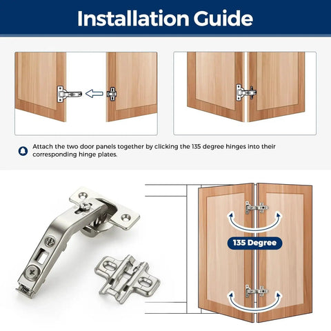 Installation guide for 135 Degree Concealed Kitchen Cabinet Hinges For Bi Fold Doors, highlighting hinge placement on wooden doors.