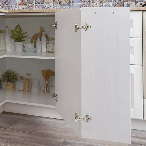 135 Degree Concealed Kitchen Cabinet Hinges For Bi Fold Doors, 2 Pack installed on white cabinet, maximizing blind corner storage