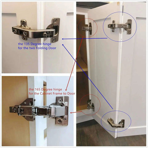 Corner Cabinet Hinge 135 Degree Beefy Heavy Duty Folding Door Hinge for Kitchen Corner Cabinets shown installed on white cabinet