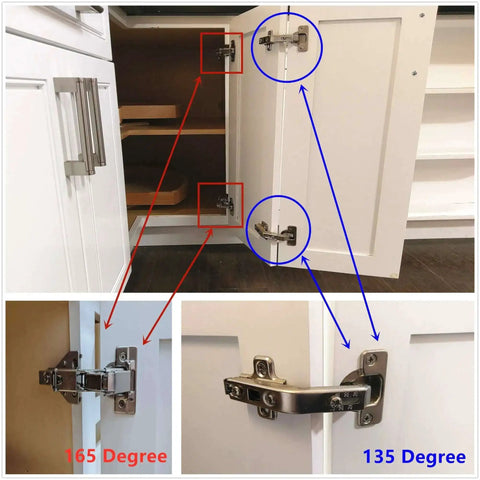 Image showing 135° corner cabinet hinge installed on kitchen cabinet, highlighting heavy-duty stainless steel design with bifold compatibility.