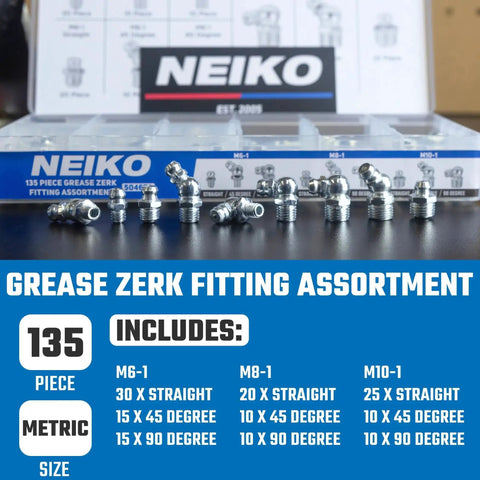 Grease Fittings Kit With 135-Piece Metric Zerk Assortment, NEIKO brand display showing M6-M10, zinc-plated steel fittings on a table.