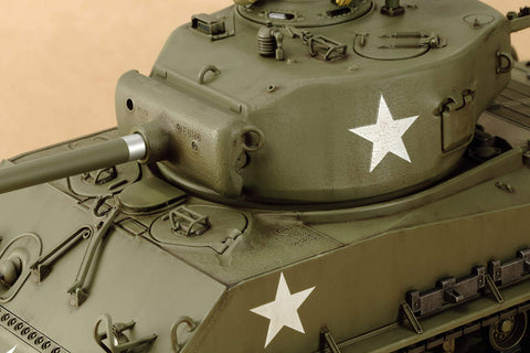 Close-up of Realistic 1 To 35 US Medium Tank M4A3E8 Sherman Scale Plastic Model Kit With Slide Molded Turret And Welded Hull Texture For Hassle Free Assembly And High Authentic Detail By Tamiya
