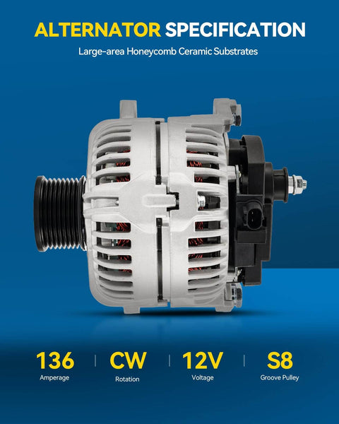 Beefy 136 Amp 12V Alternator Replacement For Dodge Ram 2500 2003 2005 Pickup Heavy Duty S8 CW ER IF Compatible 13987N side view