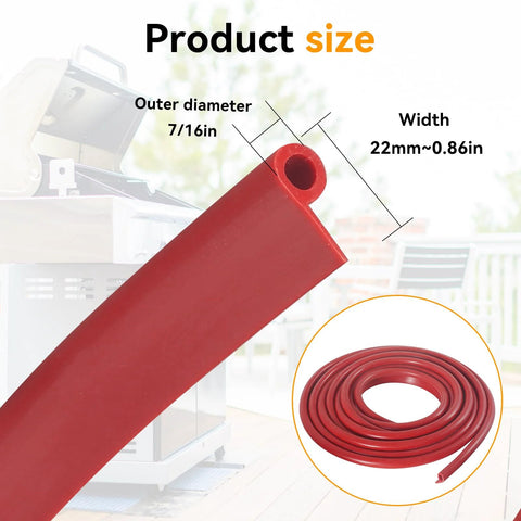 13 ft red silicone gasket seal, 7/16 x 7/8 in, heat resistant to 500°F, for BBQ grills and ovens