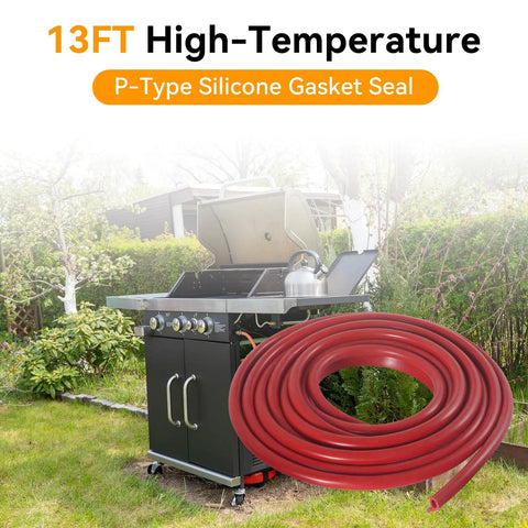 Outdoor black gas grill with a large red hose coil on a green lawn.