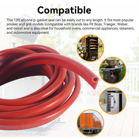 13ft silicone gasket seal coil for smoker door; red, high-temperature weatherstrip 7/16 x 7/8 in