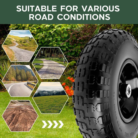 1 PC 13 Inch Rubber Solid Flat Free Replacement Tires and Wheels 4.00-6 showing suitability for various road conditions