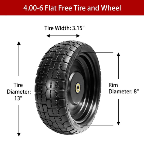 4.00-6 flat free tire and wheel, 13" diameter, 3.15" width, 8" rim, solid rubber, for gorilla carts, with 5/8" bearings and 2.1" offset