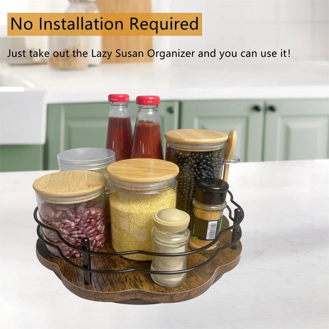 13 Inch Lazy Susan Turntable Organizer With Higher Metal Guardrails on kitchen countertop holding jars and bottles
