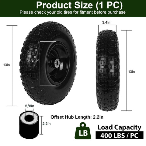 1 PC 13 Inch Rubber Solid Flat Free Replacement Tires and Wheels 4.00-6 with 5/8'' Axle Bore Hole, tire dimensions and load capacity