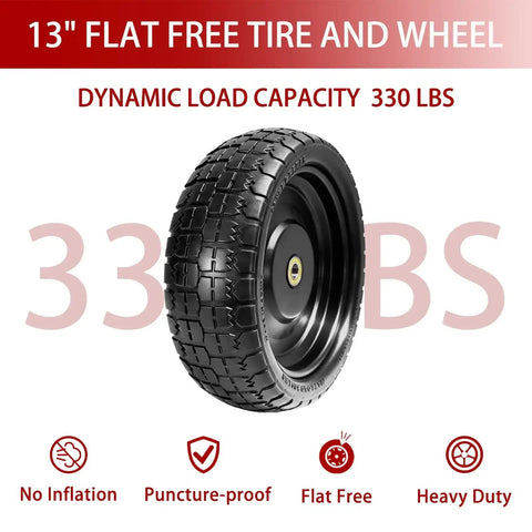 13 Inch Flat Free Solid Tire And Wheel For Gorilla Cart Wagon And Wheelbarrow 4.00-6 Size With 5/8 Inch Bearings 2.1 Inch Offset Hub 4 Pack