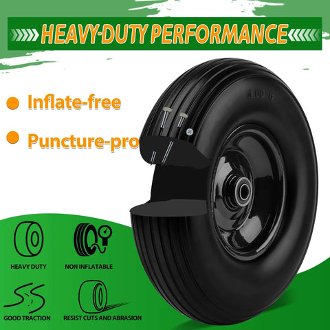 ✝️ Upgrade 13inch wheelbarrow tires 4.00-6 flat free tire and wheel with 5/8" & 3/4" bearings, 1.77"-5.75" center hub