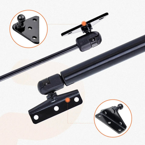 Close-up of 13mm Ball Stud Mounting Brackets with angled L-type and flat mounts, screws, and black gas strut for 200 lbs lift O Mat kits.