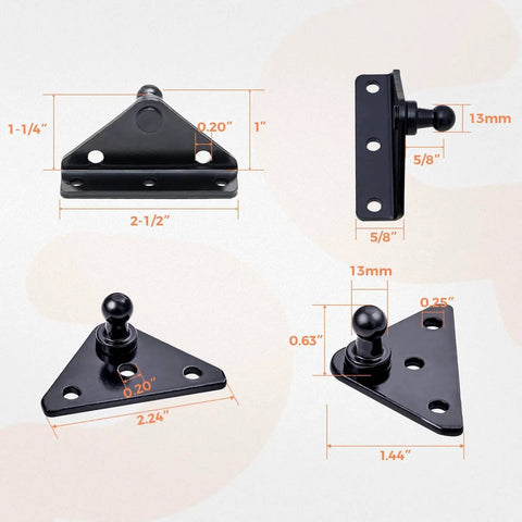 13mm Ball Stud Mounting Brackets With Two Angled L Type Mounts And Two Flat Type Mounts, dimensions labeled, black, for gas struts.