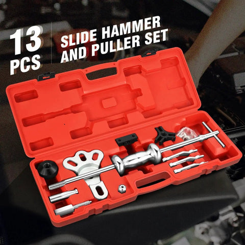 Open case of 8-Way Slide Hammer Dent Puller Set with 5 lb Hammer Auto Body Repair Kit for front wheel drive hubs and rear axle shafts.