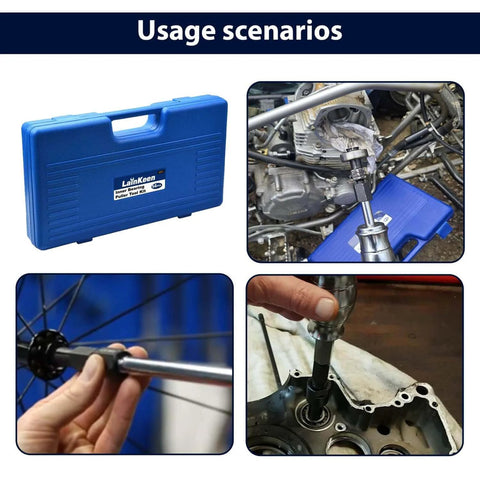 13pcs Blind Hole Collet Bearing Puller Set used on motorcycle engine and bike wheel, shown in blue storage case.