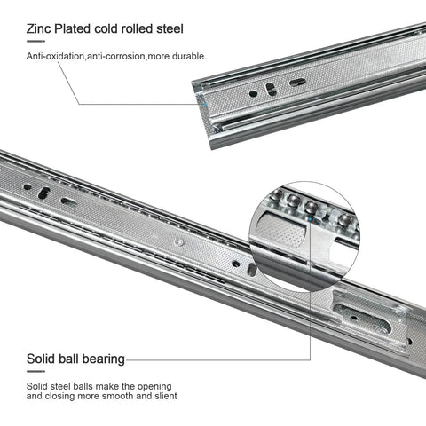 Close-up of zinc-plated steel 14 inch Drawer Slides 4 Pairs (8pcs) Full Extension Ball Bearing Drawer Slide with solid bearings.