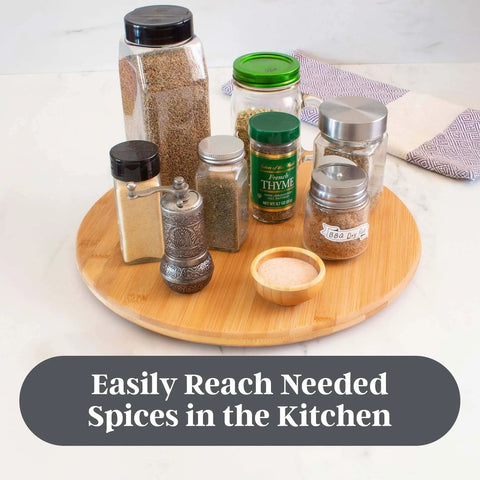 14 inch bamboo lazy susan organizer designed for cabinets and pantries, round bamboo turntable for kitchen counters and spice storage with jars.