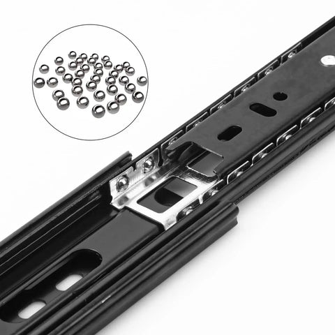Close-up of 14 Inch Black Full Extension Ball Bearing Drawer Slides Side Mount For Kitchen And Office Cabinets Rust Resistant