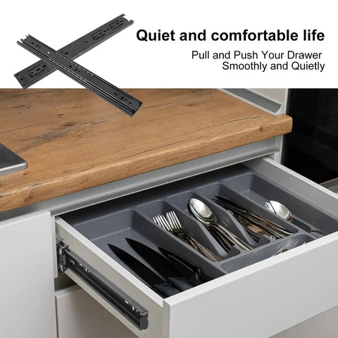 14 Inch Black Full Extension Ball Bearing Drawer Slides Side Mount For Kitchen And Office Cabinets shown installed in drawer
