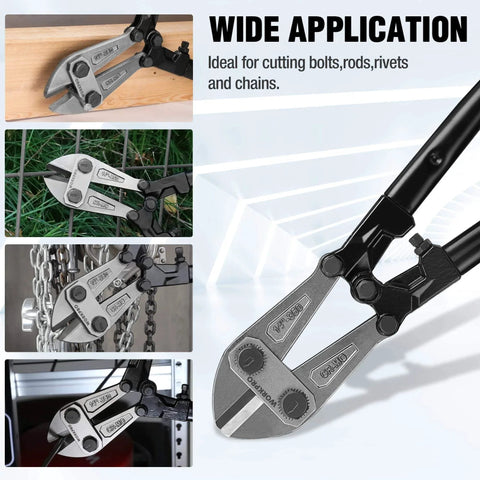 W017004A 14 Inch Bolt Cutter With Bi-Material Handles Soft Rubber Grips Drop Forged Chrome Molybdenum Steel Jaws in use