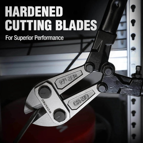 W017004A 14 Inch Bolt Cutter With Bi-Material Handles Soft Rubber Grips Drop Forged Chrome Molybdenum Steel Jaws in use cutting wire