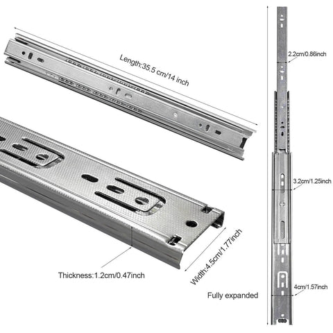 14 inch Drawer Slides 4 Pairs (8pcs) Full Extension Ball Bearing Drawer Slide 3 fold Full Stretch Side Mount Drawer Slides 100 LB Capacity silver