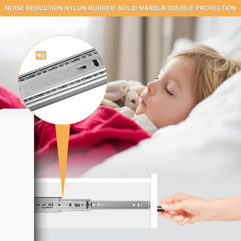 14 inch Drawer Slides 4 Pairs (8pcs) full extension ball bearing slide demonstrated with quiet operation next to sleeping child