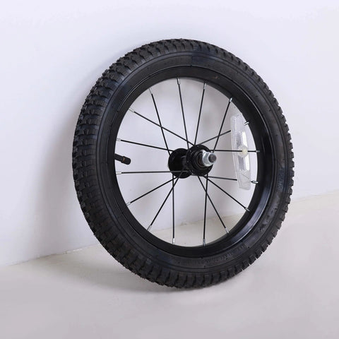 14 Inch Kids Bike Front Wheel Replacement with Air Rubber Tire, Black Steel Rim, stainless spokes, displayed against plain background