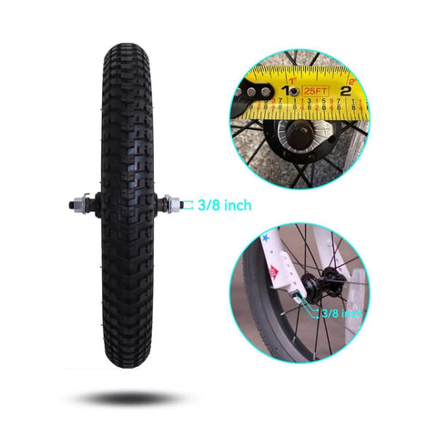 14 Inch Kids Bike Front Wheel Replacement with Air Rubber Tire, Black Steel Rim, Stainless Spokes, 3/8 inch axle close-up.