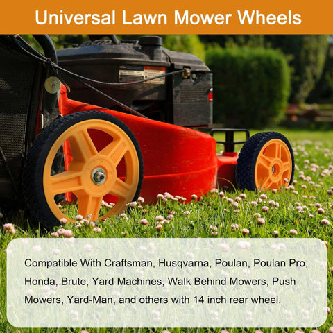 14 Inch Lawn Mower Wheels for Push Mowers, Plastic PU Wheels on a red mower in a grassy yard