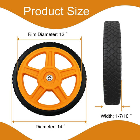 14 Inch Lawn Mower Wheels for Push Mowers, Plastic PU Wheels with Bolts & Nuts, showing size dimensions and tread design