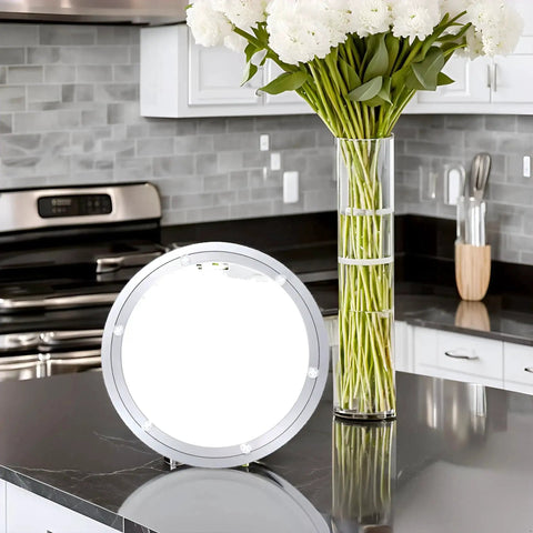 Fourteen Inch Lazy Susan Base Only With Rotating Turntable Bearing for glass, granite, wood tables, heavy-duty aluminum shown in kitchen.