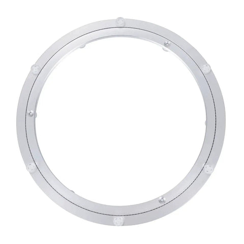 Top view of Fourteen Inch Lazy Susan Base Only With Rotating Turntable Bearing for dining tables, in aluminum.