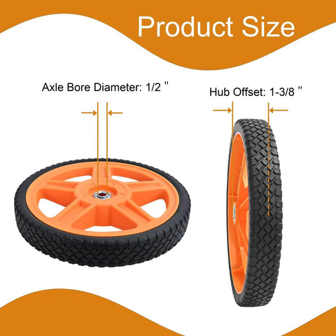 14 Inch Lawn Mower Wheels for Push Mowers, Plastic PU Wheels with Bolts & Nuts, 14x1-7/10 Size, 1/2 Inch Bore, side and front view