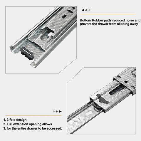Close-up of 14 inch Drawer Slides 4 Pairs (8pcs) Full Extension Ball Bearing Drawer Slide, showing 3-fold mechanism and rubber pads.
