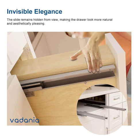 14" Undermount Drawer Slide, Soft Close, Bottom Mounted with Invisible Design, showing hidden hardware in cabinet