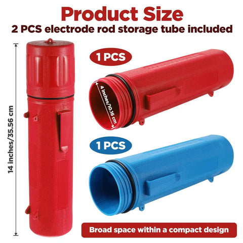 Two Pack 14 Inch Welding Rod Storage Tubes In Red And Blue Airproof And Waterproof Electrode Canisters For Keeping Stick Electrodes Organized By Type Or Size On The Job Site with size details displayed