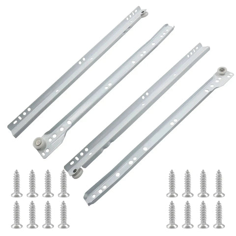 14 Inch Drawer Slides Set White Coated Steel Drawer Tracks With Removable Bottom Mount Rails And Nylon Wheels, 4 Tracks, Screws