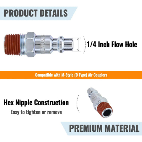 25 Pack 1/4 Inch NPT Air Hose Fittings Kit With 1/4 Inch Male Quick Connect Plugs For Compressor And Auto Shop Beefed Up Heavy Duty Industrial M Style Connectors And D Type Pre Coated Threads Repair Set showing side view and hex nipple design