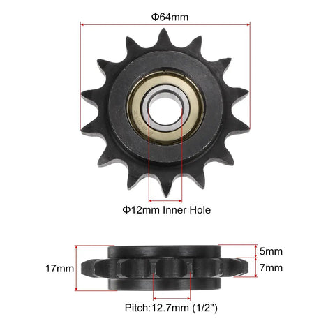 Heavy Duty Roller Chain Idler Sprocket Set For ANSI 40 DIN 08A Chains, 14 Tooth, 12mm Bore, Half Inch Pitch, 2 Pack
