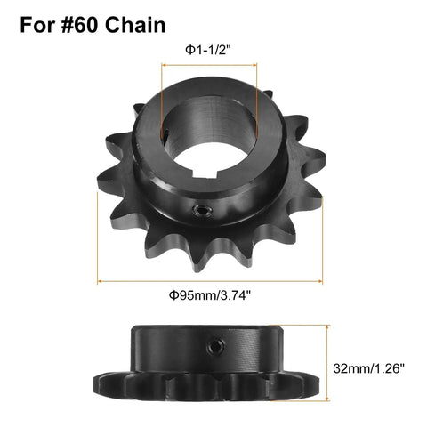 Front and side view of 14 Tooth Chain Sprocket B Type For One And Half Inch Bore Single Strand Carbon Steel With Keyway And Set Screws