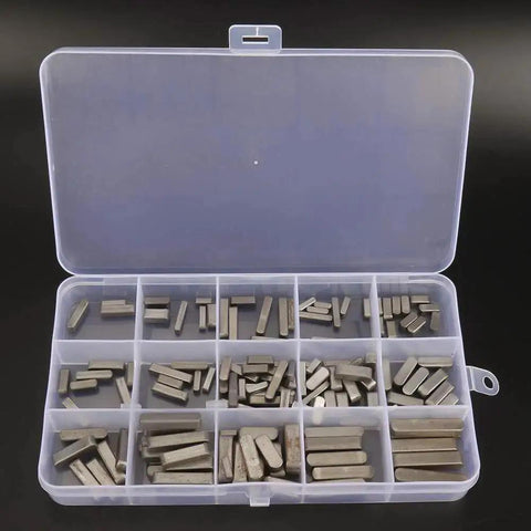 140 Piece Parallel Drive Shaft Key Set with Round Ended Keys, Stainless Steel Keystock, organized in plastic case
