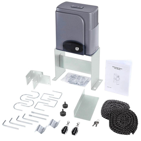 1400lb Sliding Gate Opener Hardware Security System Kit with electric motor, steel housing, accessories, and remote controls displayed