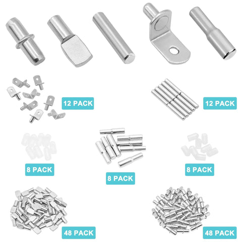144 Piece Shelf Pins Pegs Kit with 5 styles of metal shelf supports and silicone covers for cabinets and shelves.