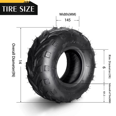 Side view of a 145/70-6 ATV UTV Go Kart Tire 145x70x6, 4Ply Rated Tubeless Rubber, with dimensions labeled on a white background.