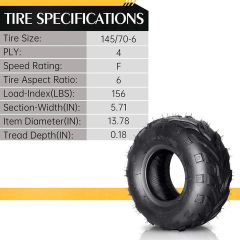 145/70-6 ATV UTV Go Kart Tires 145x70x6 4Ply Rated Tubeless Rubber Tires Pack of 2 with specifications chart.